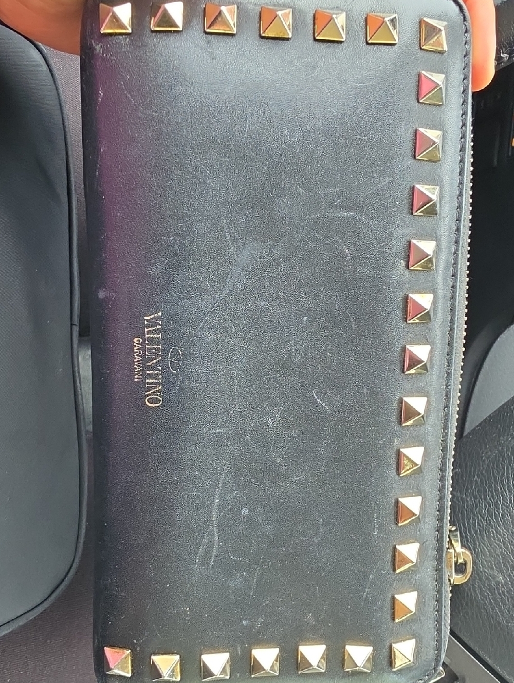 Valentino Garavani Black Leather Gold-Stud Zip Wallet